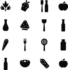 Fototapeta premium Food icons silhouette set kitchen utensils fruits vegetables