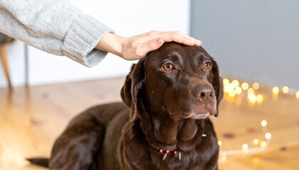 Owner gently patting brown dog’s head.