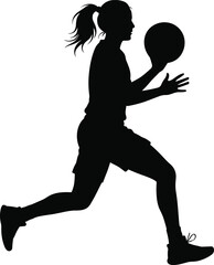 Silhouette basketball player running with ball, dynamic sports action, athletic movement, competition, game, vector art, training