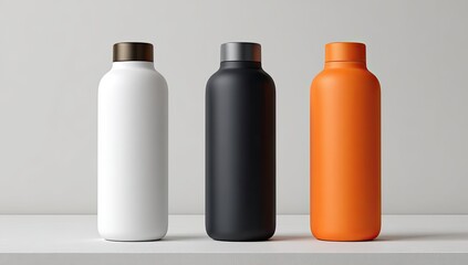 Three blank water bottles on a shelf
