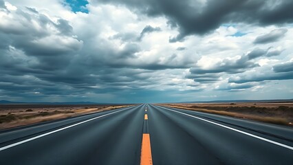 Fototapeta premium Panoramic view of an empty road under cloudy skies, capturing a serene and open landscape.