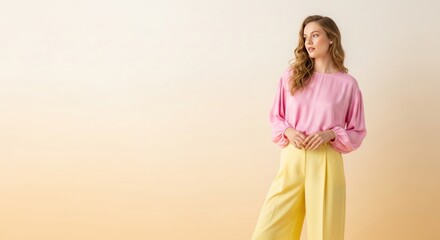 Elegant young woman in pastel pink blouse and yellow trousers standing gracefully against soft gradient background with a stylish and modern aesthetic