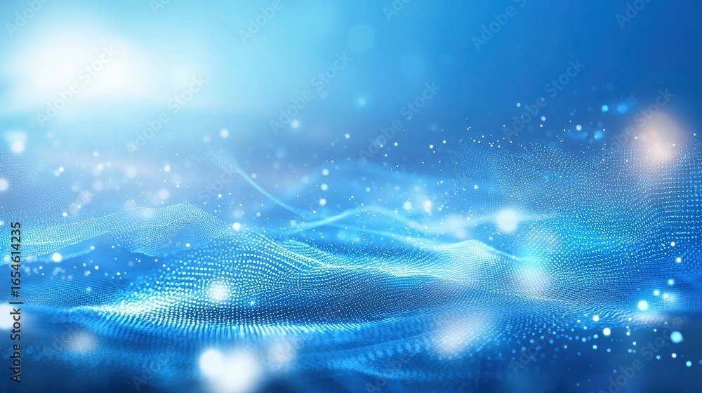 Poster a vibrant digital abstract landscape featuring dynamic waves of light particles and interconnected p