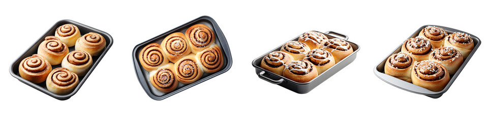 Fototapeta premium Freshly Baked Cinnamon Rolls in Baking Pans, Isolated on White