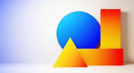 Colorful Geometric Shapes Including Blue Circle, Yellow Triangle, and Orange Rectangle Against Soft Gradient Background for Creative Design Projects