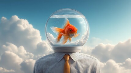 Conceptual Metaphor: The surreal image presents a human head replaced by a fishbowl, housing a vibrant goldfish amidst fluffy clouds, sparking thoughts of confined consciousness.