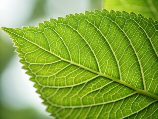 Close up view of a vibrant green leaf revealing intricate vein patterns and serrated edges illuminated by bright natural light.