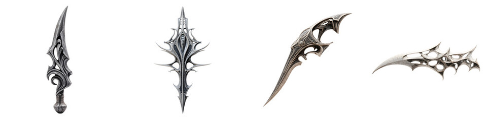 Fantasy Weapon Set, Intricate Silver Daggers and Blades on White Background
