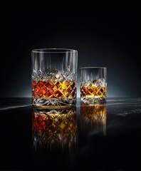 Two crystal whiskey glasses, filled with amber liquid, reflecting on dark surface