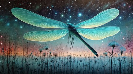 Dragonfly's Celestial Flight: A surreal illustration of a delicate dragonfly takes flight amidst a cosmic tapestry of stars and ethereal flora, showcasing the beauty of nature with a touch of fantasy.