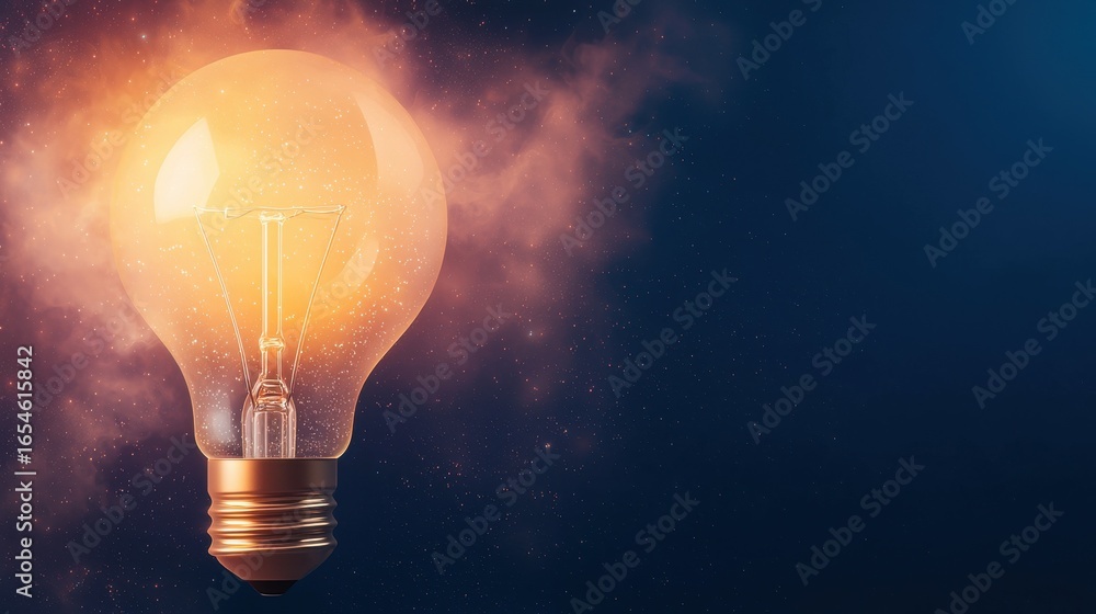 Poster illuminated light bulb shining brightly against a dark background representing new ideas inspi n and