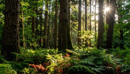 Obraz premium Sunlight streams through a dense forest