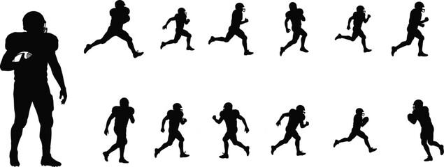 Silhouettes of American football players, dynamic action poses, sports vector illustration, competitive game, athletic teamwork, running athlete