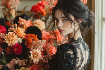 Woman in black dress with dark hair stands in front of bouquet.