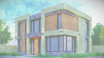 3D illustration of a contemporary two-story villa