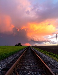 Fototapeta premium Sunset over railroad tracks