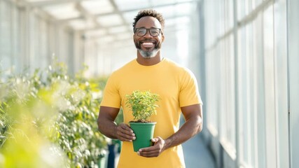 Smiling individual holds small plant in bright greenhouse, promoting growth and care