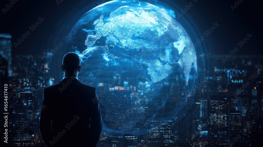 Aufkleber businessman standing before digital earth hologram with global network connectivity on blue backgrou