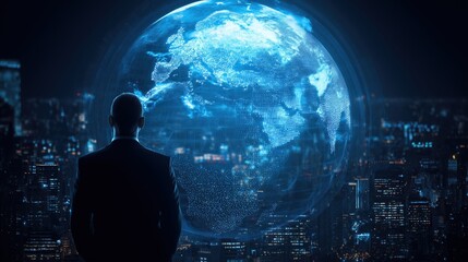 Businessman standing before digital Earth hologram with global network connectivity on blue background, representing futuristic AI technology concepts for business innovation and data visualization in