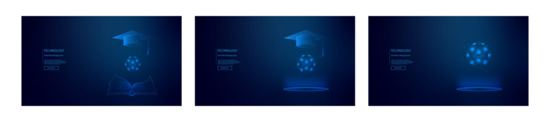 Futuristic Education Technology Background with Digital Graduation Cap, Open Book, and Glowing Sphere. Innovation and Learning Concept in Dark Blue Abstract Design