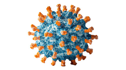 transparent representation of a virus in vibrant blue and orange colors against a white background