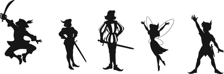 Silhouettes of fantasy characters, Peter Pan, Captain Hook, Tinker Bell, sword, adventure, magic, fairy, pirate, hero, whimsical