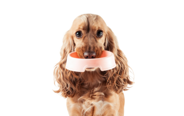 Cocker Spaniel Holding Red Dog Bowl in Mouth