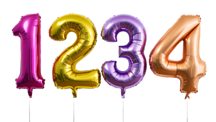 1,2,3,4  colorful number balloons isolated on transparent background