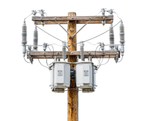  Tall Electrical Power Pole with Transformers and Cables White Background PNG
