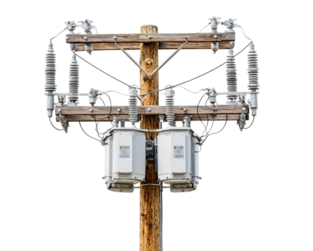  Tall Electrical Power Pole with Transformers and Cables White Background PNG