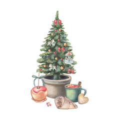 Christmas tree, traditional fair food and drink including mulled wine, caramel apple. Hand-painted watercolor illustration isolated on white for holiday cards, invitations, design, market branding