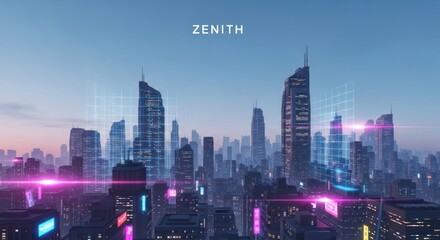 Obraz premium Futuristic city skyline with glowing lights and high-tech elements, showcasing vibrant colors and innovative architecture at dawn