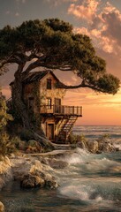 Coastal cabin nestled beneath a large tree at sunset