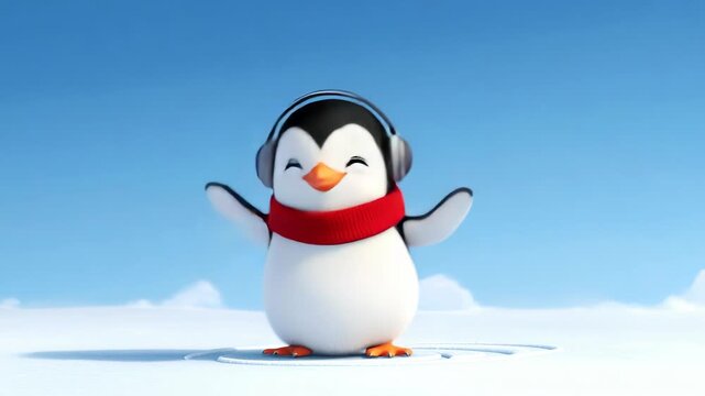 Cartoon character penguin wearing headphones and red scarf enjoys music in snowy landscape