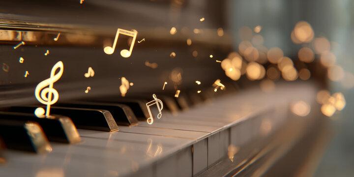Enchanting golden music notes floating over piano keys