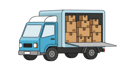 Blue Delivery Truck Loaded with Cardboard Boxes cardboard goods vehicle delivery van freight road shipment commerce journey chain