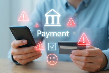 Person holding smartphone and credit card with payment error warnings and sad face icons