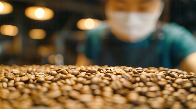 Close up of fresh coffee beans with a masked barista in the background - Powered by Adobe