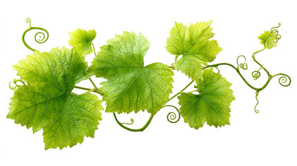 Fresh green grapevine leaves and tendrils isolated on white background