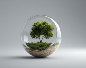 Transparent sphere, miniature tree, enclosed ecosystem