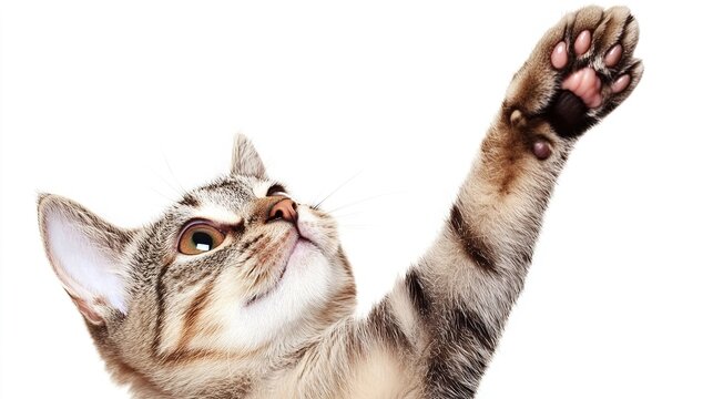 Close - up of cat, paw raised, white background, for pet theme, cute pet design and animal - related creativity