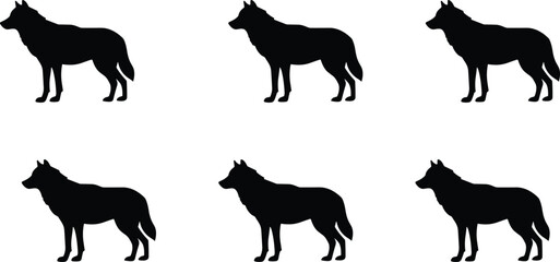 Wolf silhouettes in various poses, wildlife illustration, animal art, nature graphic, predator design, black and white artwork