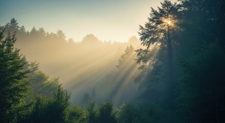 Naklejka premium Misty morning in serene forest with soft sunlight breaking through trees, creating a peaceful and tranquil atmosphere for nature lovers and hikers
