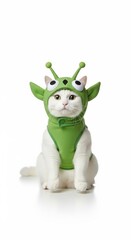 cat dressed in a green alien costume, Funny extraterrestrial Halloween costume, white background