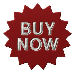 Fototapeta premium Red starburst sticker with BUY NOW promotion in metallic font, compelling retail sale offer on transparent background.