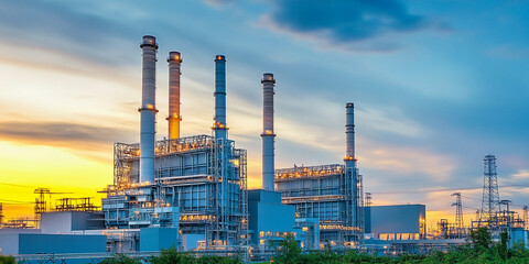 High-quality view of a natural gas power plant at sunset Generative AI
