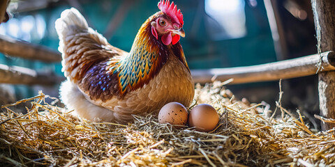 Colorful hen laying eggs in organic farm setting Generative AI