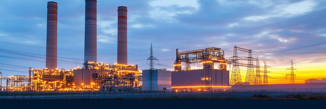 Natural gas combined cycle plant at sunset with power lines Generative AI