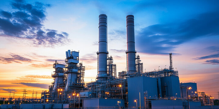 Natural gas combined facility under sunset sky Generative AI