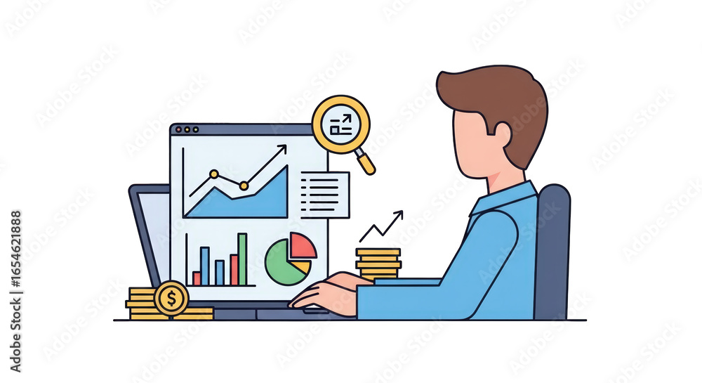 Poster business analyst analyzing financial data graph man monitor chart style presentation report flat mod